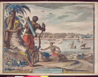 New Amsterdam eller New York i Amerika, ca. 1700 (vask av brunt blekk på papir)